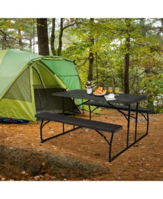Folding Picnic Black Table Bench Set with Wood-like Texture