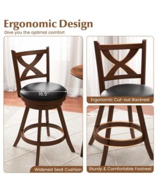 2 Pieces Classic Counter Height Swivel Bar Stool Set with X-shaped Open Back