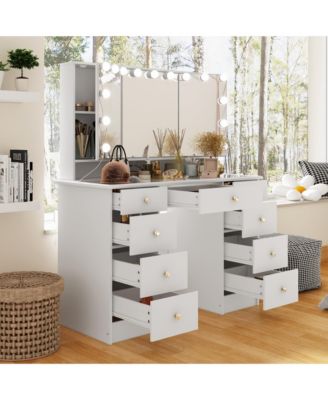 White Makeup Vanity Desk 9 Drawers Wood Dressing Table With 3 LED Bulb Light Mirrors, Glass Top, Hidden Storage Shelves