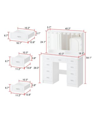 White Makeup Vanity Table Dressing Desk W/3-Mirrors,Lighted Mirror, Drawers, Hidden Storage Shelves Carved Metal Handles