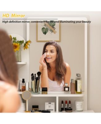 5-Drawers White Makeup Vanity Table Wooden Dressing Desk With Mirror and 3-Tier Storage Shelves