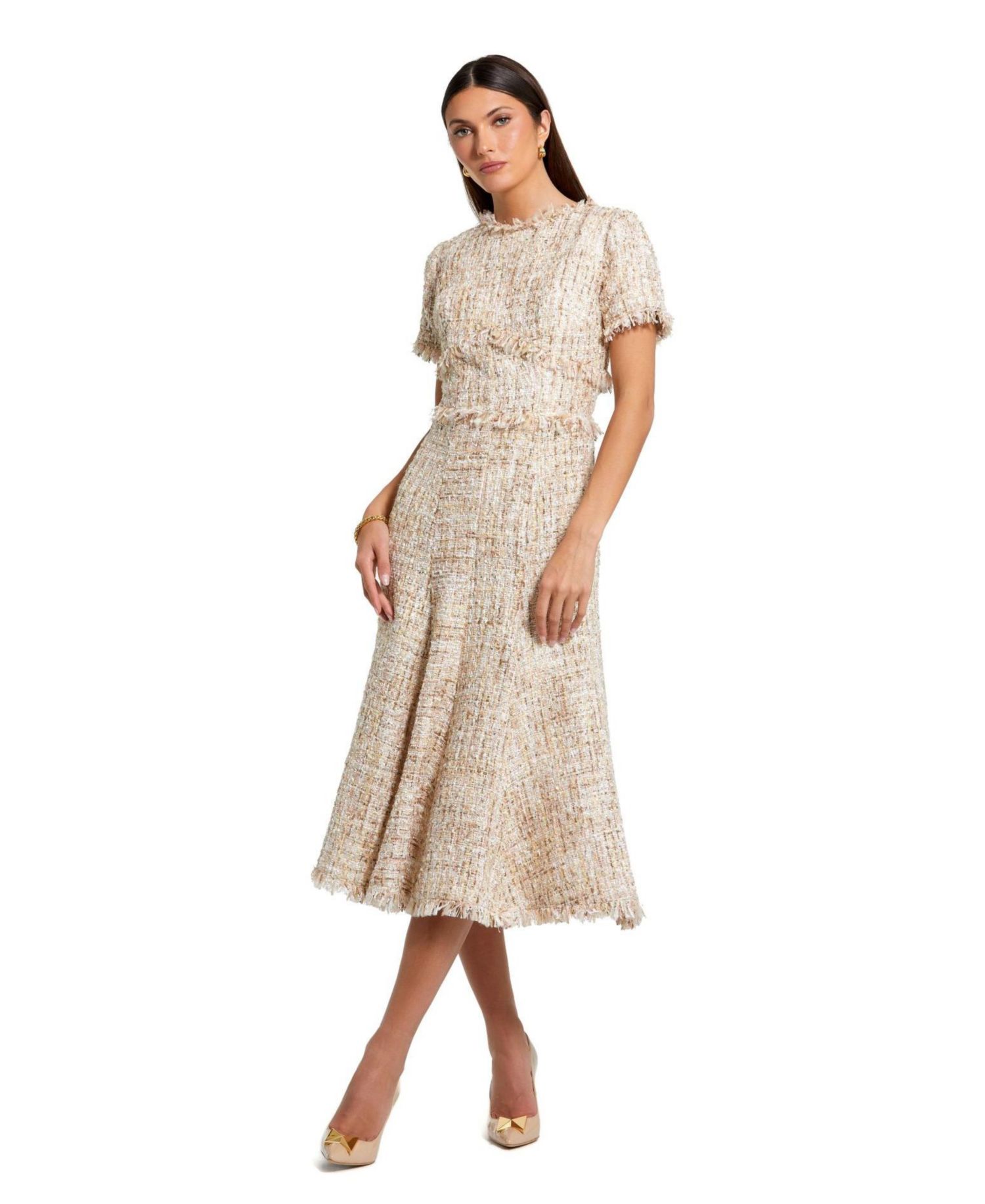 Women's Boucle Short Sleeve A Line Midi Dress