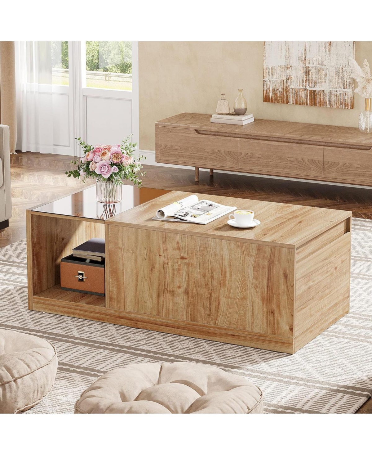 Tribesigns 47.24-Inch Coffee Table with Drawer & Storage Shelf, Farmhouse Coffee Table with Tawny Glass, Wood Center Table for Living Room, Modern Hom