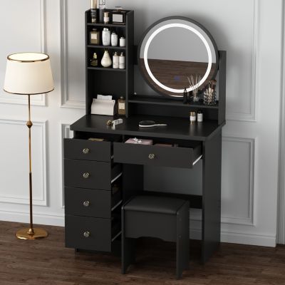 Light Mirror 5-Drawers Black Wood Makeup Vanity Set Dressing Desk