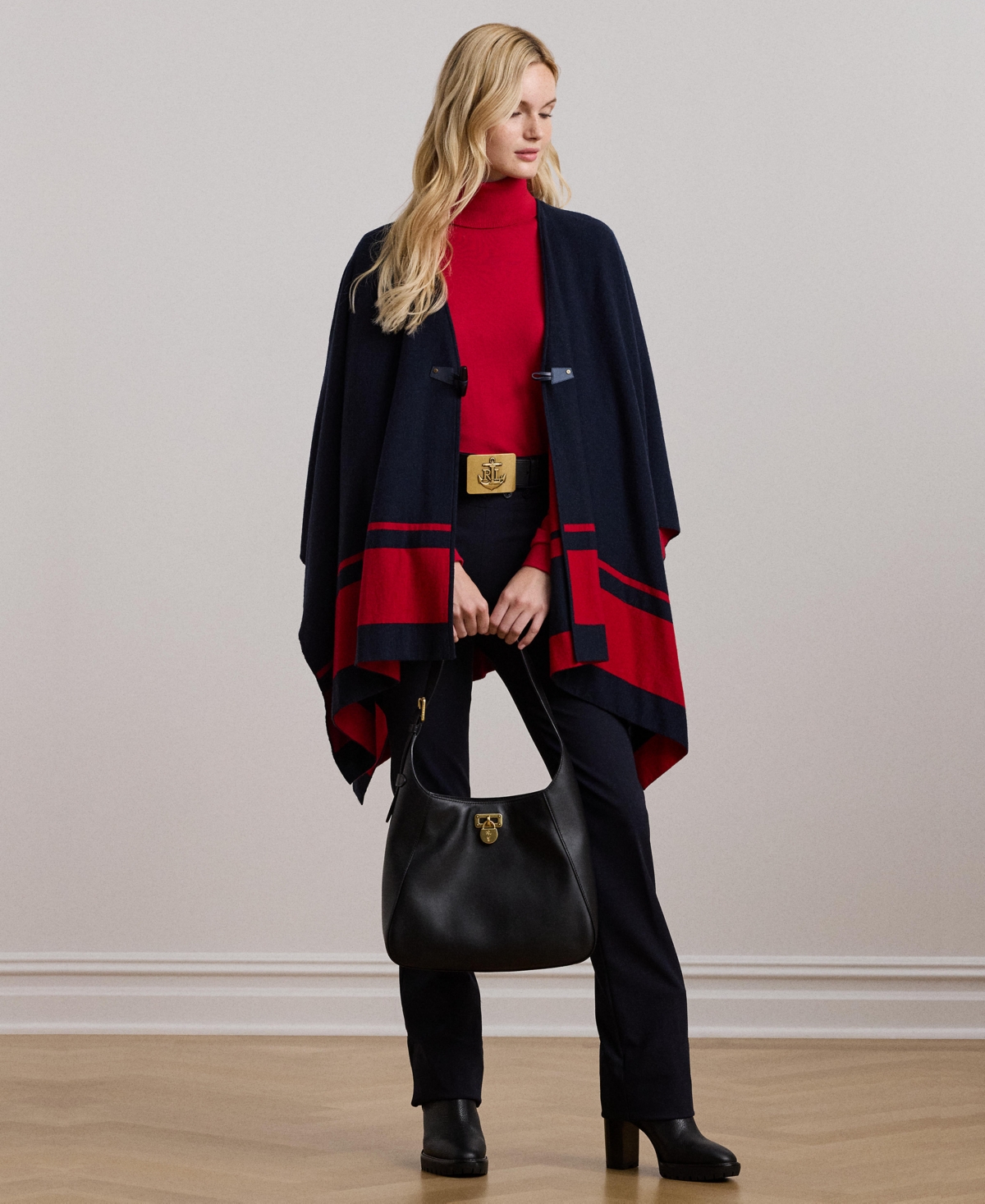 Lauren Ralph Lauren Women's Intarsia-Knit Two-Tone Poncho, Regular & Petite -Festive Red
