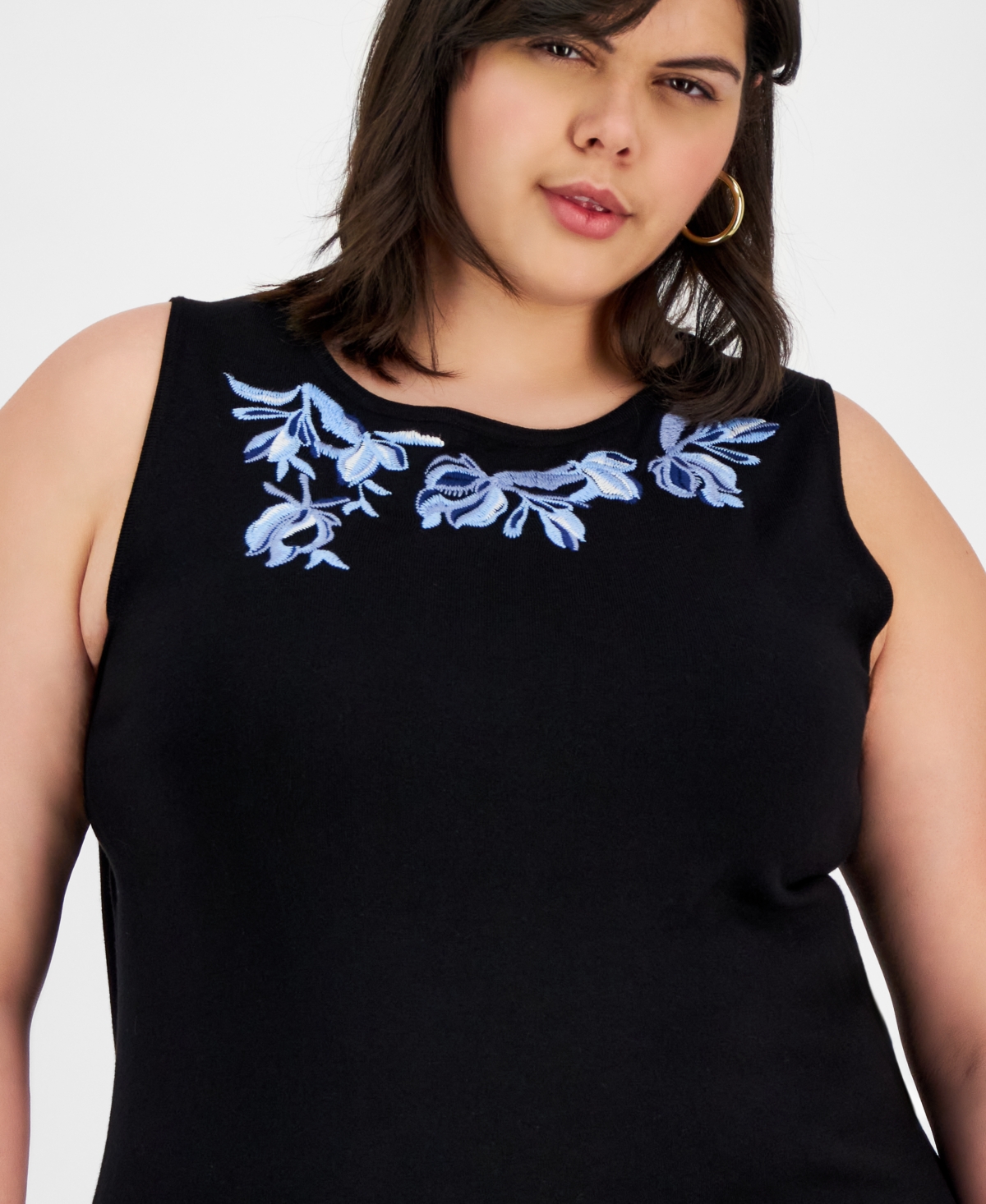 Kasper Plus Size Sleeveless Embroidered Knit Top In Black