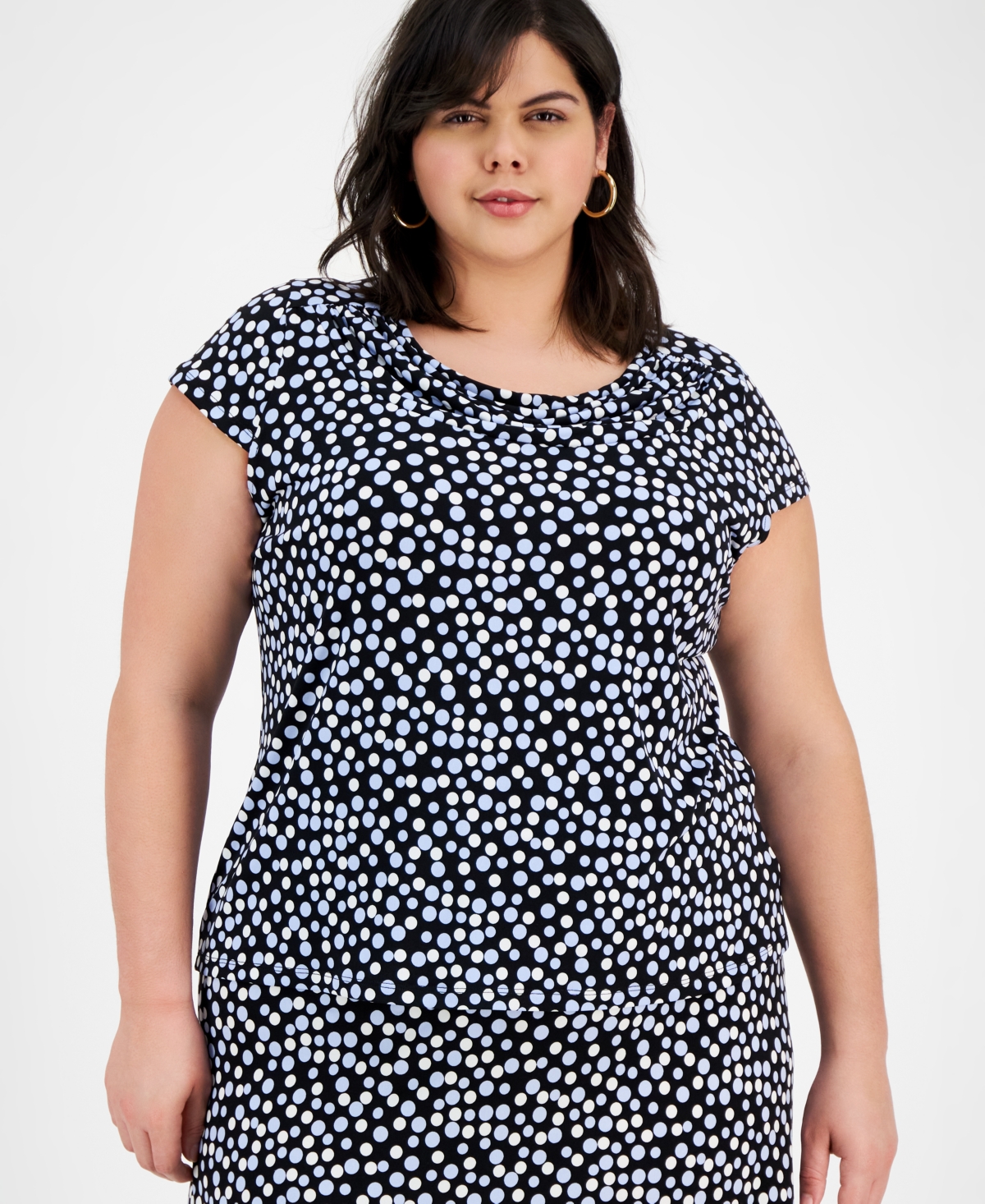 Plus Size Printed Cowlneck Cap-Sleeve Blouse - Black Multi