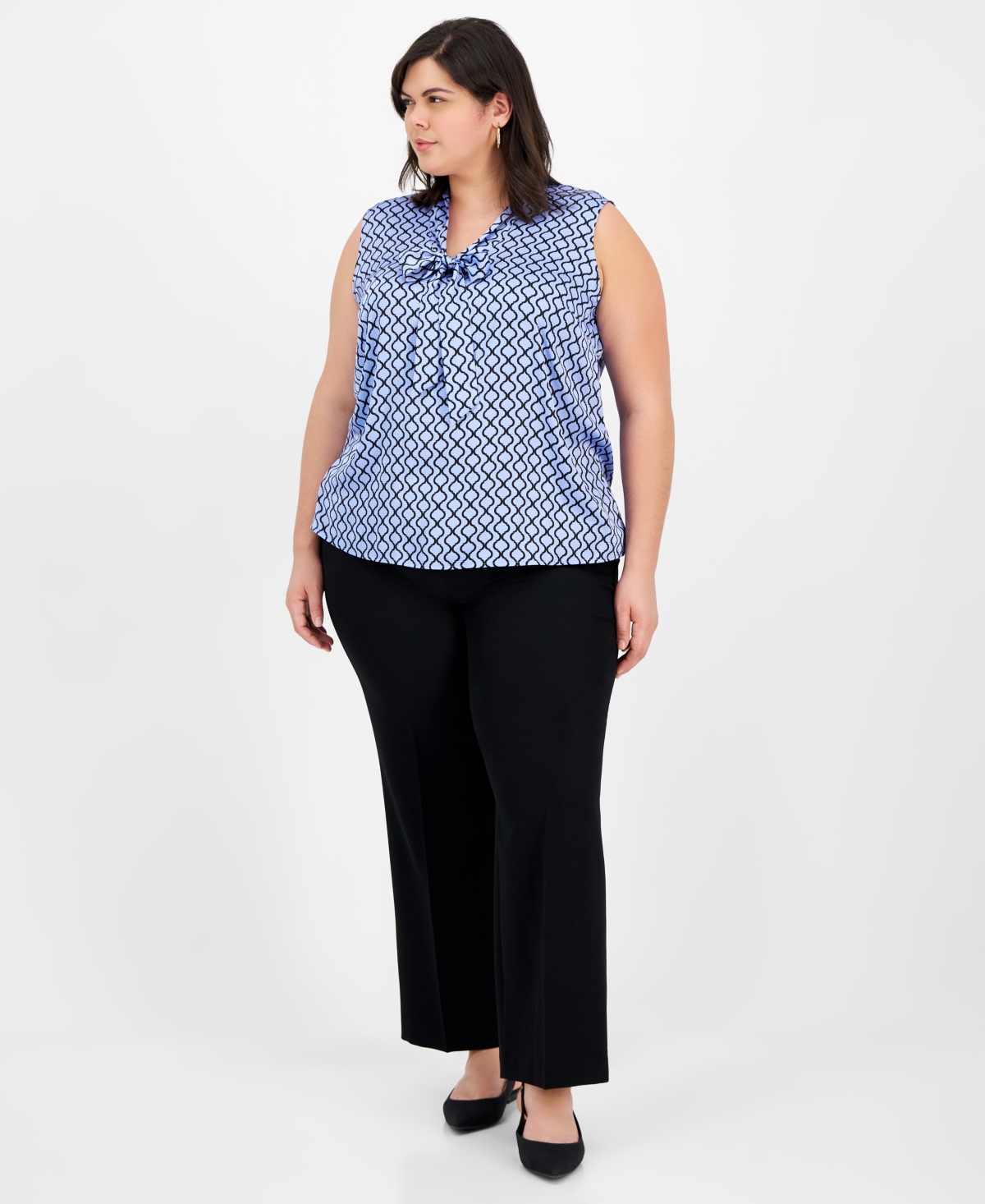 Kasper Plus Size Satin Sleeveless Tie-neck Blouse In California Sky,black