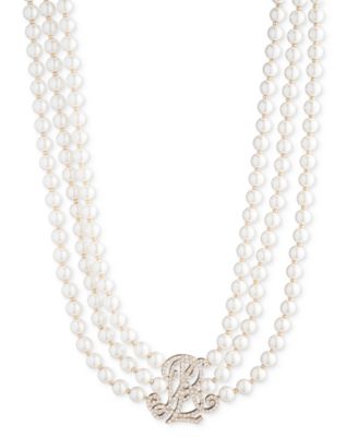 Lauren Ralph Lauren - Gold-Tone Imitation Pearl Three Strand Logo Collar Necklace, 17" + 3" extender
