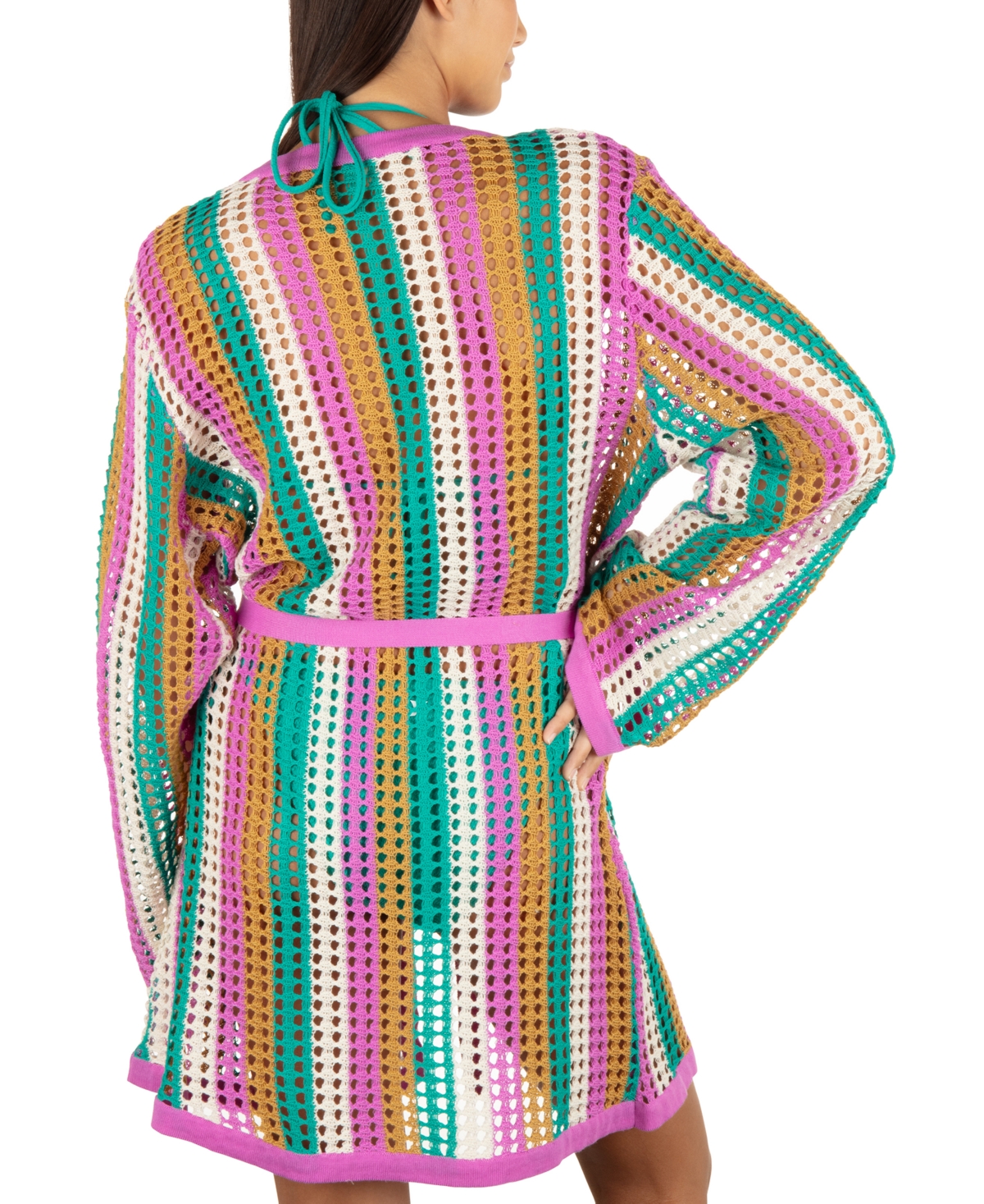 HURLEY JUNIORS' STRIPED CROCHET ROBE COVER-UP 
