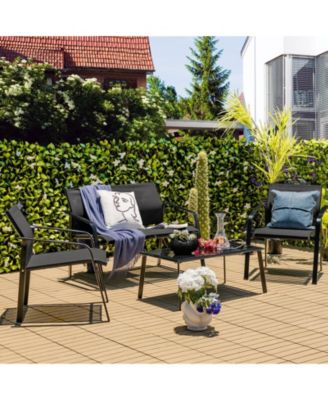 4 Pieces Patio Furniture Set with Armrest Loveseat Sofas and Glass Table Deck