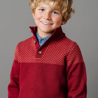 Boys Organic Long Sleeve Mock Neck Button Sweater with Intarsia Yoke