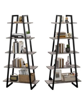 Garmin Bookshelf 5 Tier Industrial Wood, Tall Open Rustic Etagere Bookcase Ladder, Standing Display Shelves for Home Living Room Bedroom Office