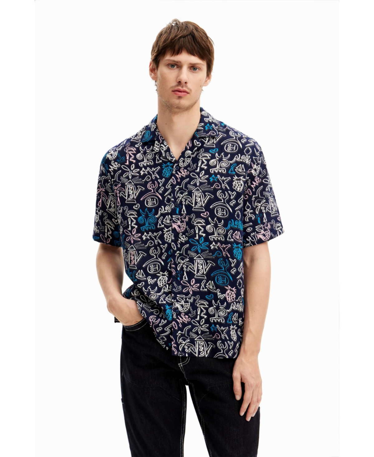 Men's Shirt with contrasting illustrations - Navy blue
