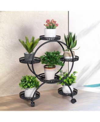 Metal 6 Pot Plant Stand Decorative Flower Pot Holder with Wheels For Indoor Outdoor