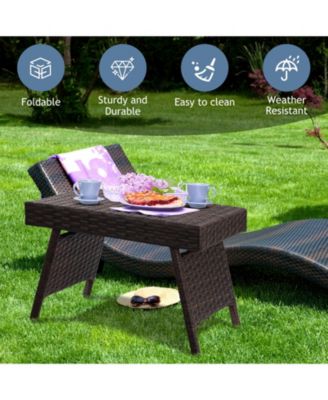Folding PE Rattan Side Coffee Table Patio Garden Furniture