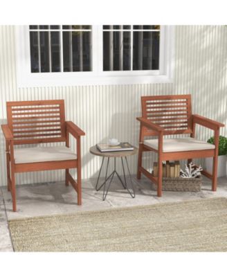 Set of 2 Patio Solid Wood Dining Chairs with Cushions and Slatted Seat