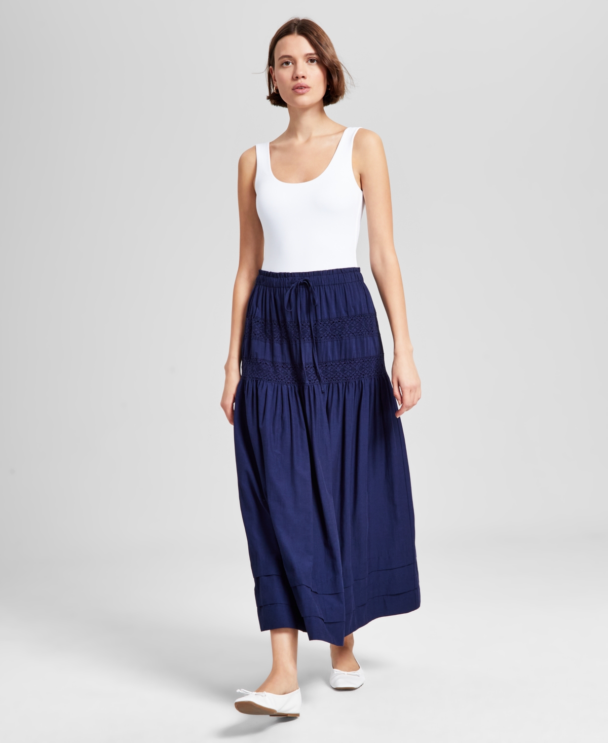 Women's Tie-Waist Lace-Inset Maxi Skirt, Regular & Petites, Created for Macy's - Indigo Batik