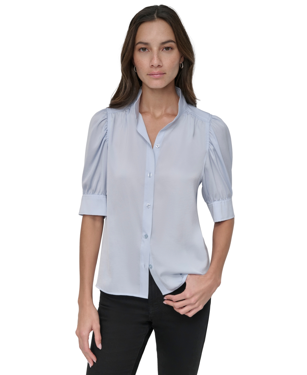 Dkny Jeans Petite Cotton Puff-sleeve Button-front Shirt In Light,pastel Blue