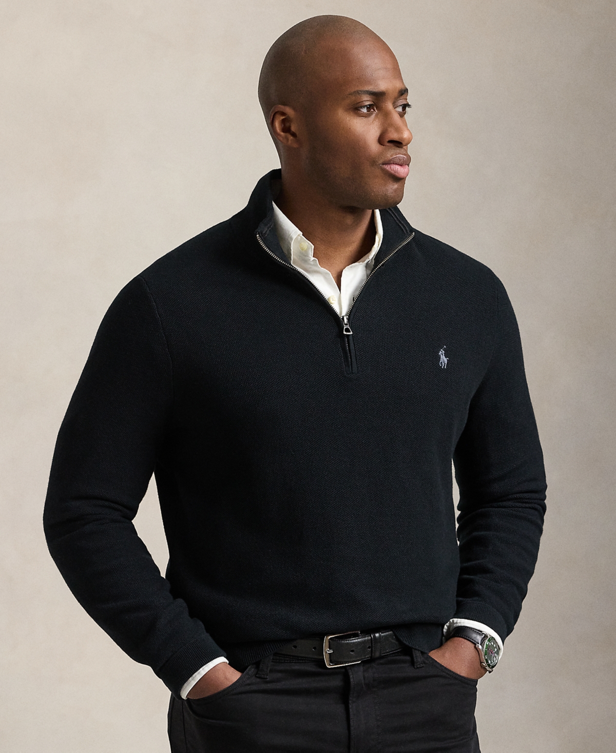 POLO RALPH LAUREN MEN'S BIG & TALL MESH-KNIT COTTON QUARTER-ZIP SWEATER