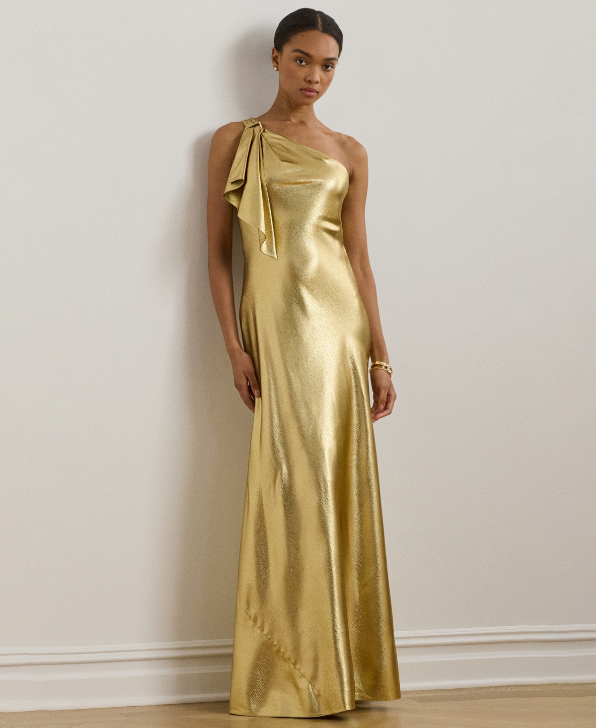 Ralph Lauren Metallic Charmeuse One-shoulder Gown In Gold