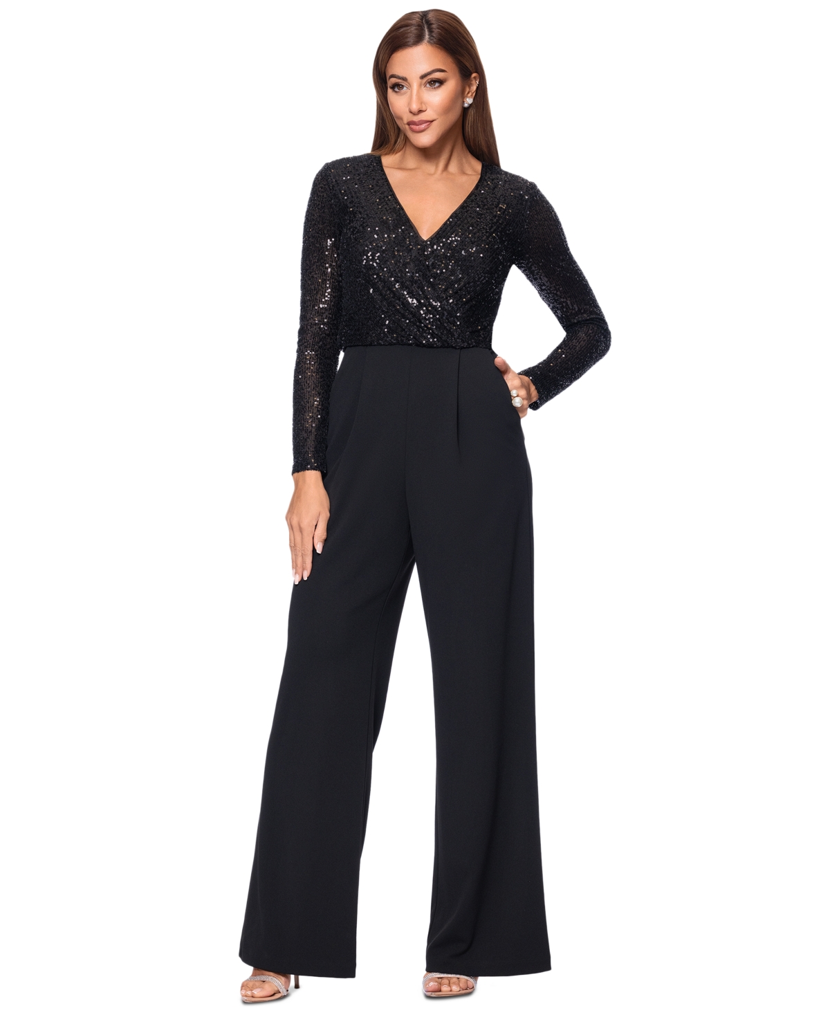 Women's Sequined-Bodice Straight-Leg Jumpsuit - Black