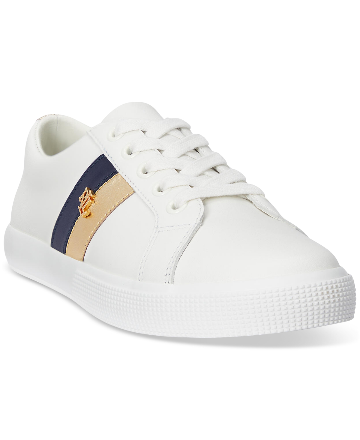Ralph Lauren Janson Ii Leather Sneaker In Snow White,modern Gold,refined Navy