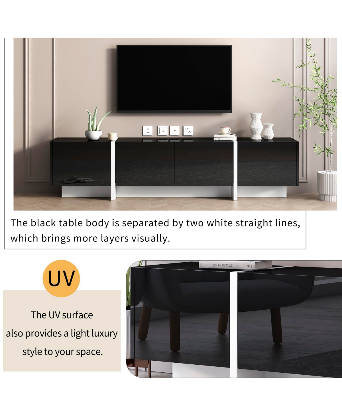 Slickblue White &Contemporary Rectangle Design Tv Stand – Modern Tv Console Table for TVs Up to 80” - Black
