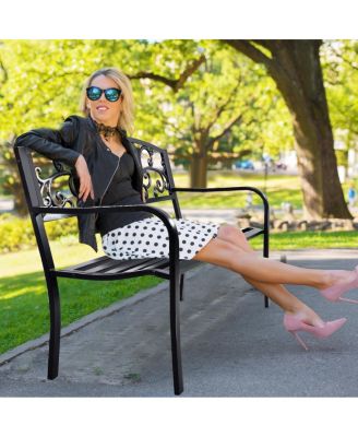 50 Inch Patio Park Steel Frame Cast Iron Backrest Bench Porch Chair