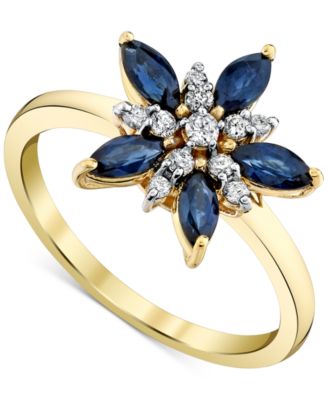 Macy's - Marquise-Cut Blue Sapphire (1-1/4 ct. t.w.) & Diamond (1/6 ct. t.w.) Flower Statement Ring in 10k Yellow Gold