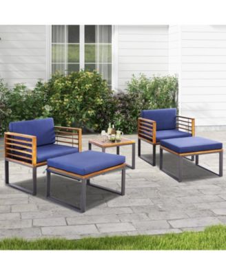 5 Piece Patio Acacia Wood Chair Set with Ottomans and Coffee Table