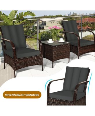 3 Pieces Patio Rattan Conversation Set with Glass Top Coffee Table and Cushions