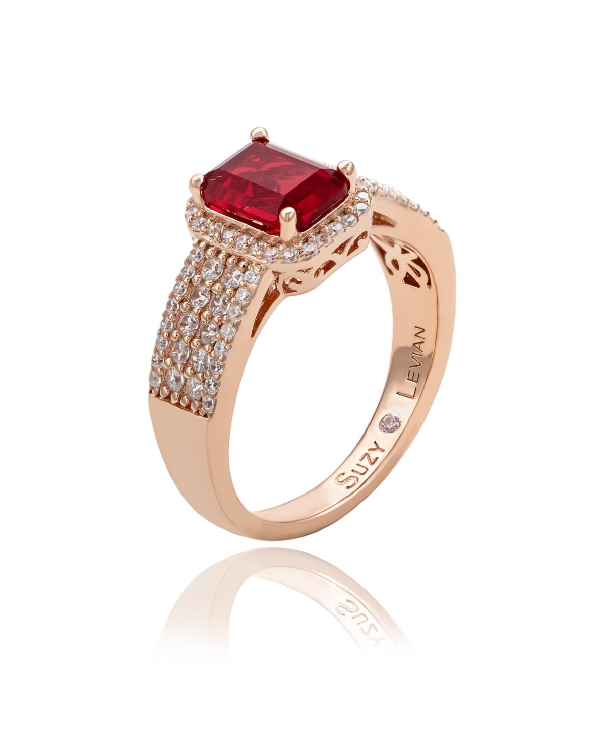 Suzy Levian New York Suzy Levian Rose Sterling Silver Emerald-Cutand White Cubic Zirconia Halo Ring - Red