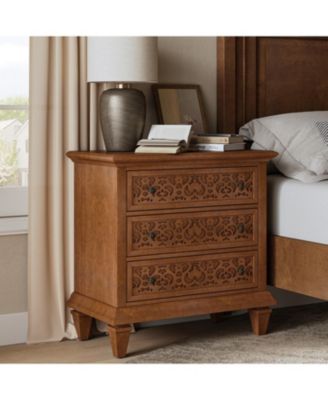Talona 29'' W Transitional Carved 3 - Drawer End Table with Built-In Outlets and Solid Wood Legs