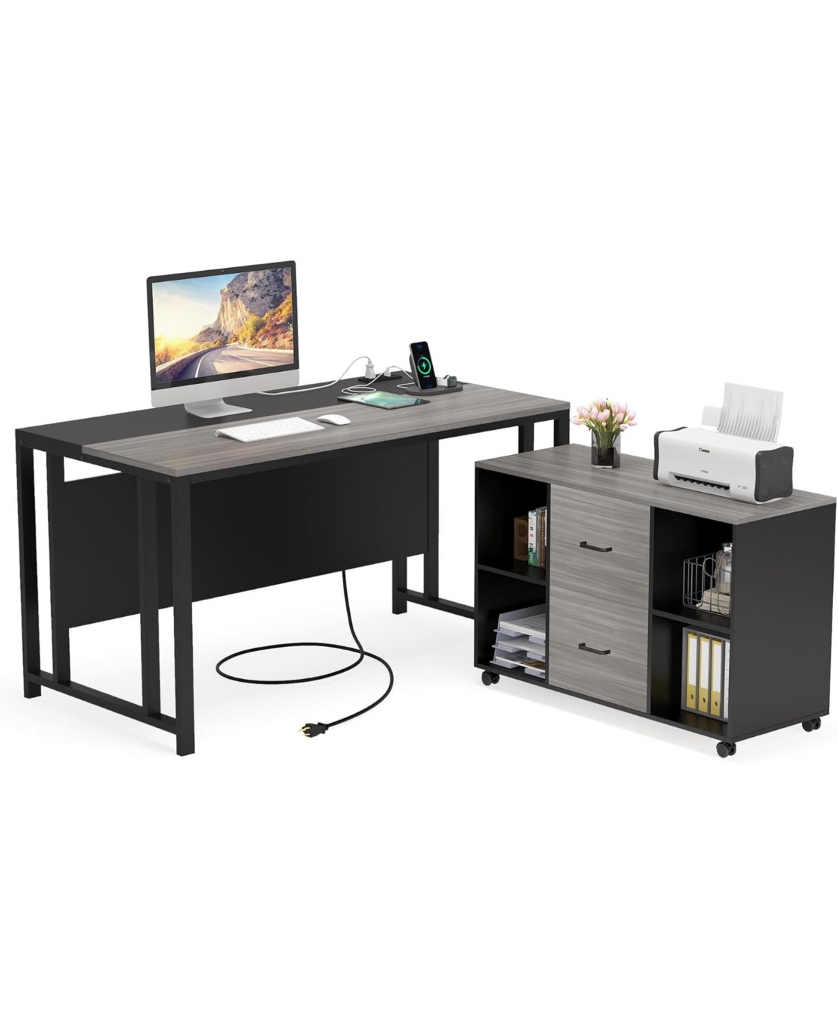 Tribesigns L-Shaped Computer Desk with Power Outlet and Drawer Cabinet, inch Large Executive Office Desk Business Furniture with inch Lateral Fi