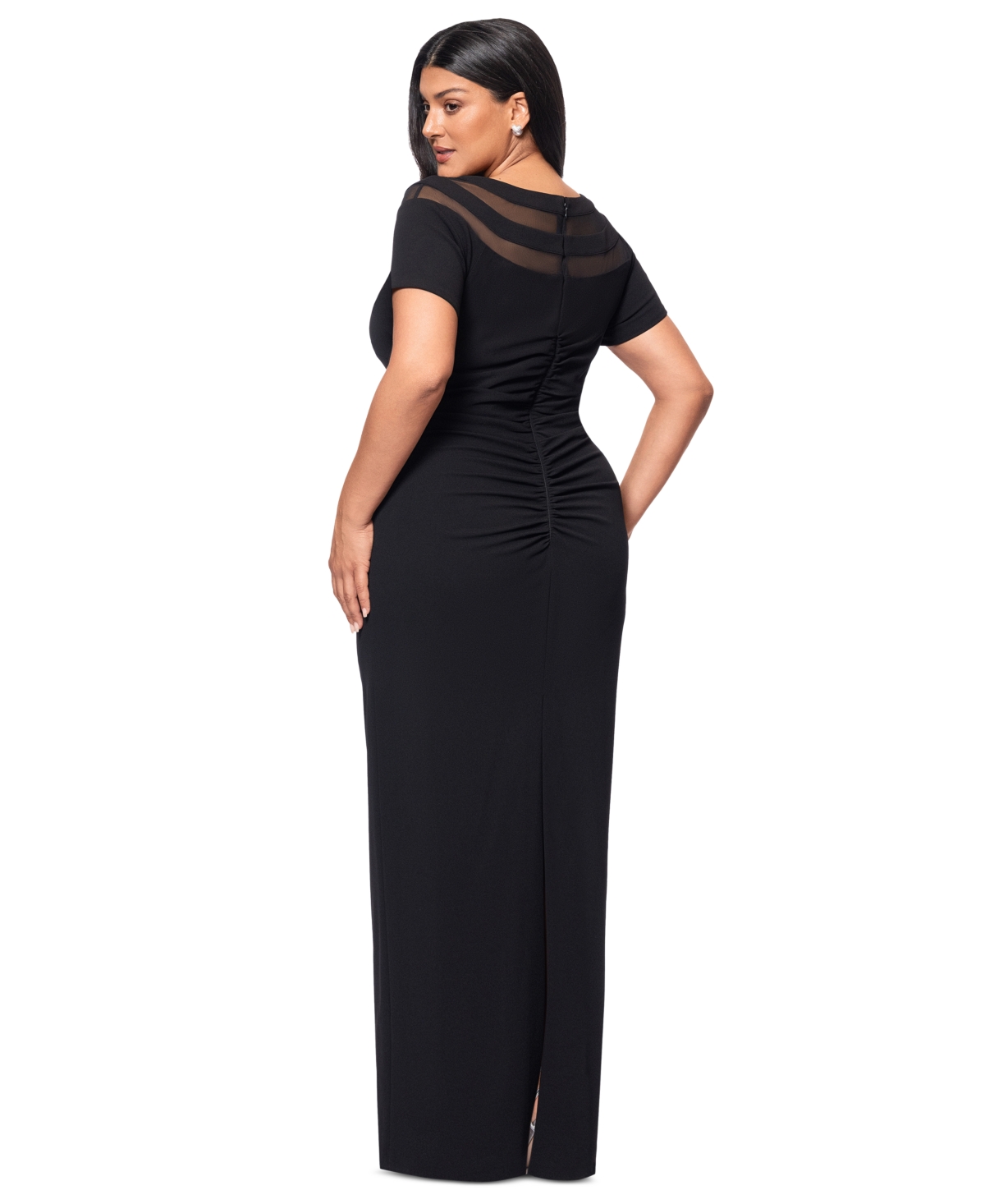 Xscape Plus Size Illusion Boat-neck Short-sleeve Gown In Black