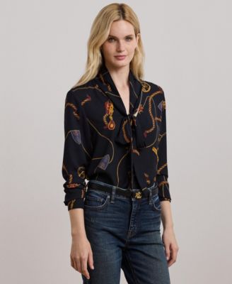 Lauren Ralph Lauren - Women's Belting-Print Georgette Tie-Neck Blouse