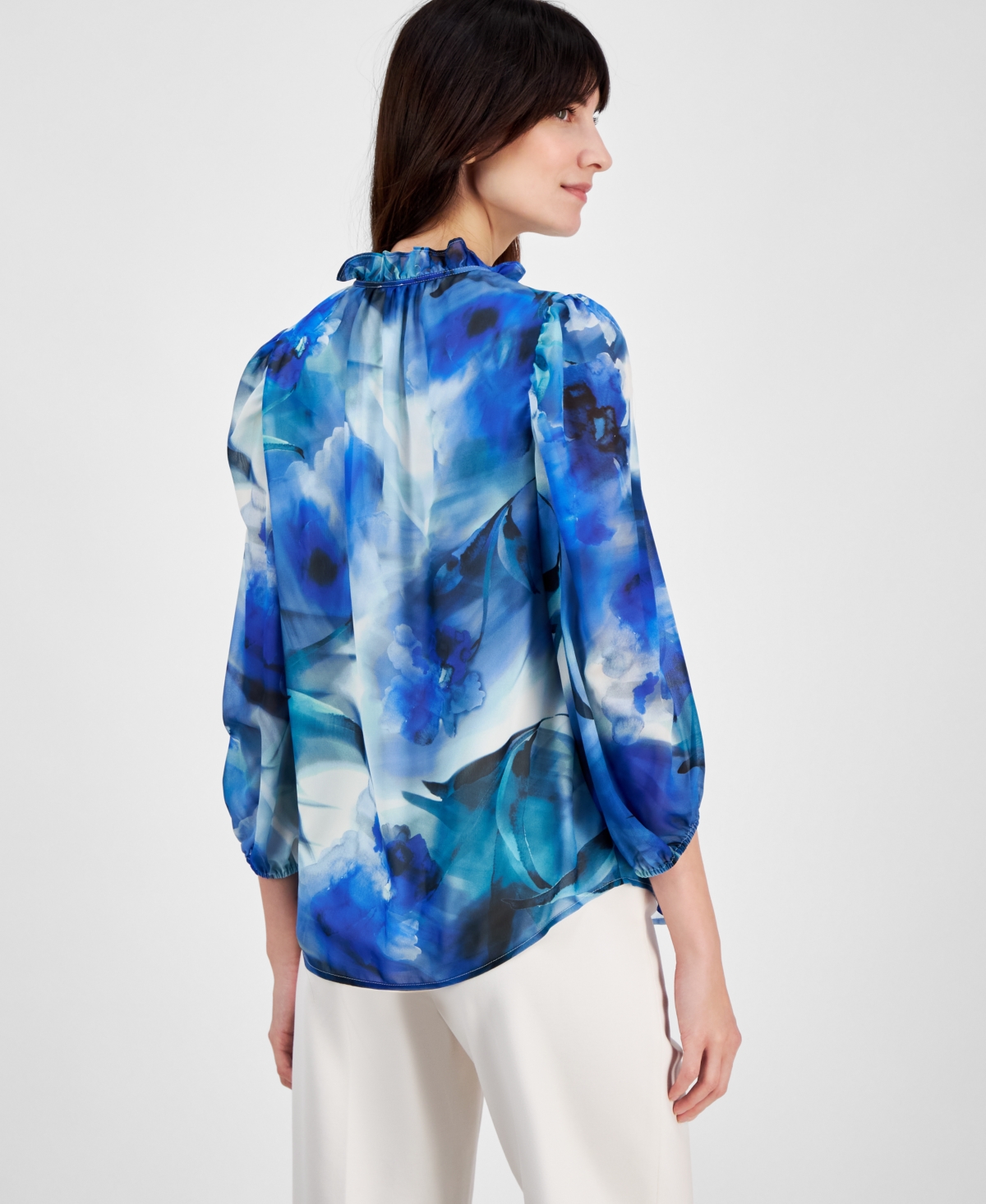 Anne Klein Petite Tulla Watercolor-Print 3/4-Sleeve Top