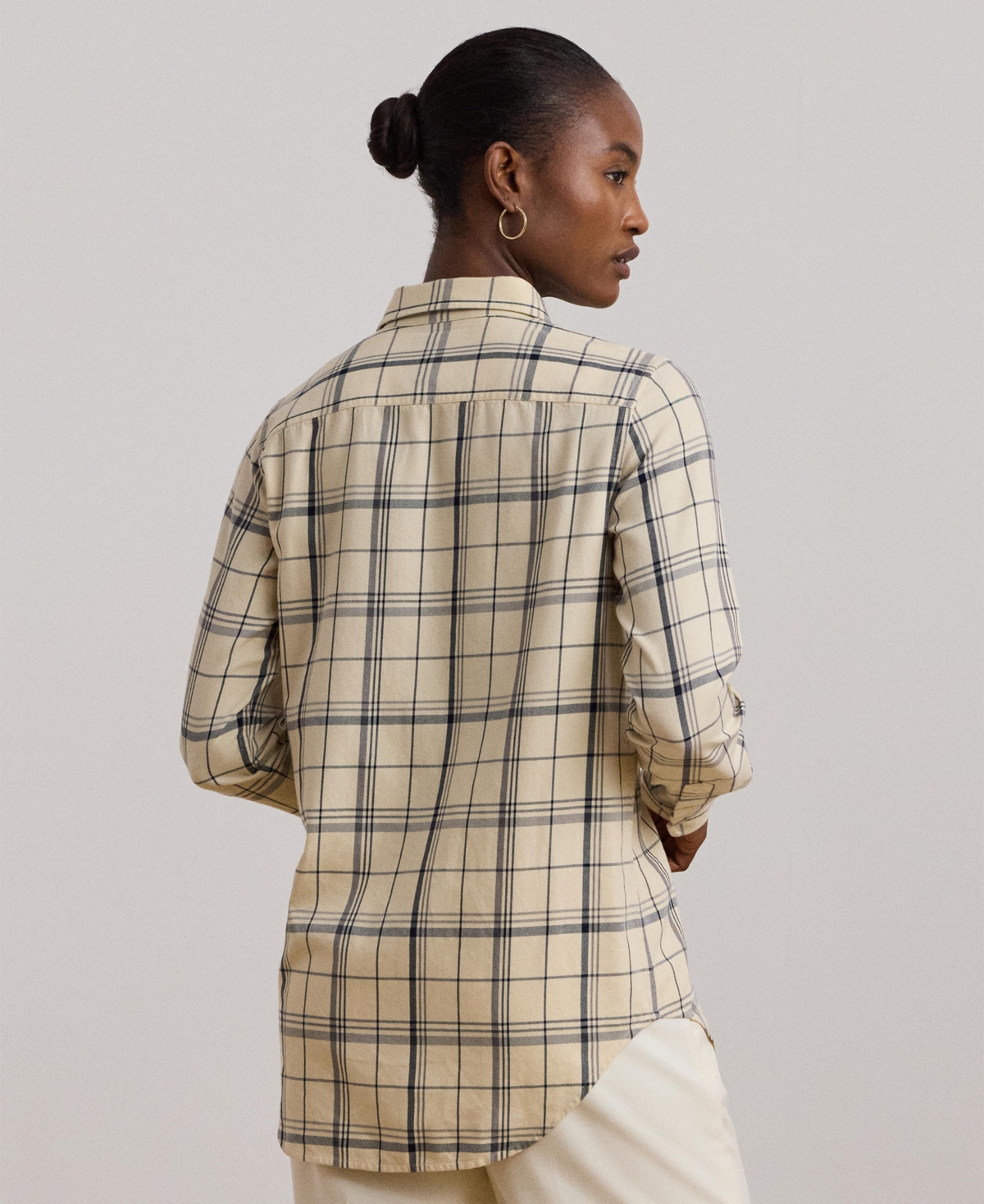 Lauren Ralph Lauren Women's Relaxed-Fit Plaid Roll-Tab-Sleeve Shirt -navy