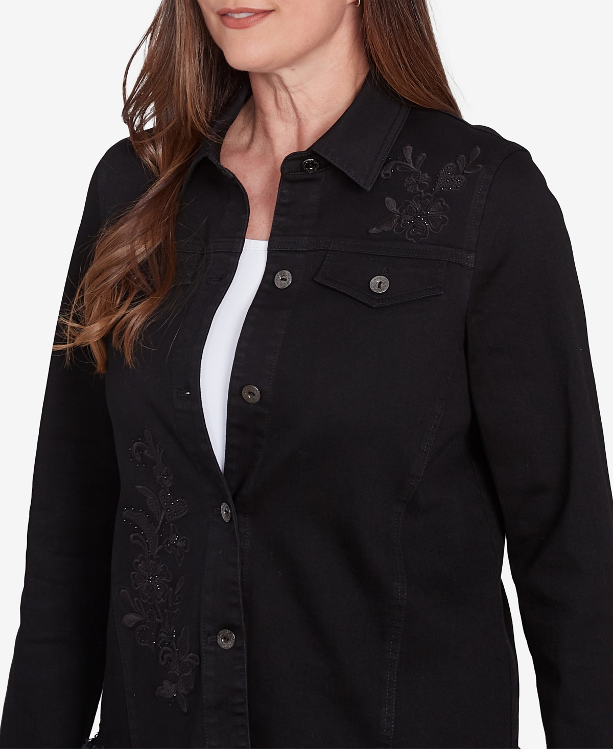 ALFRED DUNNER PETITE FLORAL EMBROIDERED DENIM JACKET 