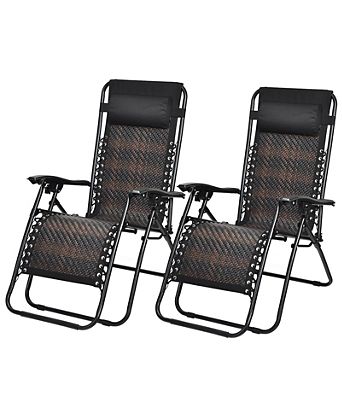 2 Pieces Folding Patio Rattan Zero Gravity Lounge Chair