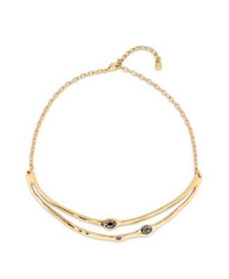 18K Gold-Plated Metal Alloy Rigid Necklace with Black Faceted Crystals