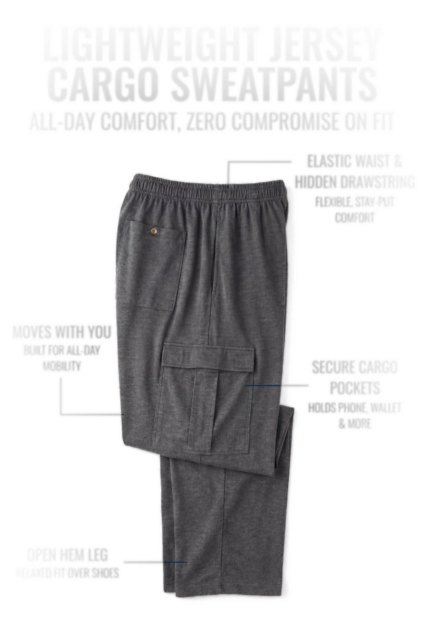 Мужские брюки KingSize Big & Tall Lightweight Jersey Cargo Sweatpants, цвет: Чёрный — фото 2