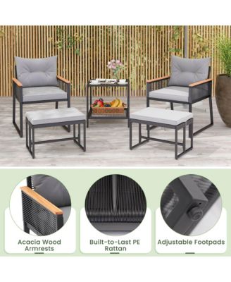 5 Piece Outdoor Conversation Set Rattan Armchairs with 2-Layer Side Table