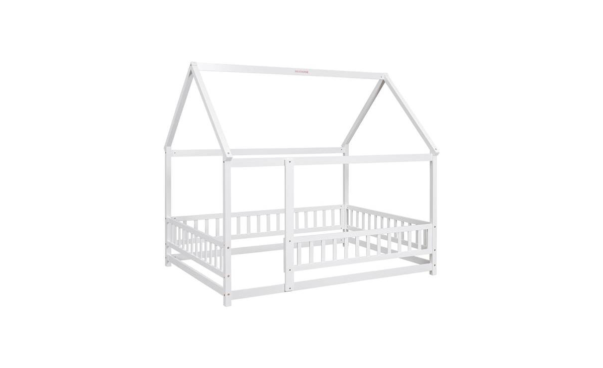 Slickblue Full Size Floor Wooden Bed with House Roof Frame, Fence Guardrails