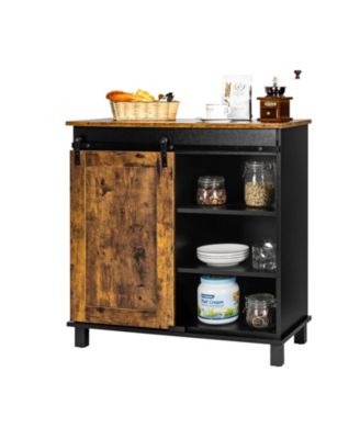 32" Barn Door, 3-Tier Shelves, Detachable Wine Rack, Industrial Style Farmhouse Sideboard Cabinet