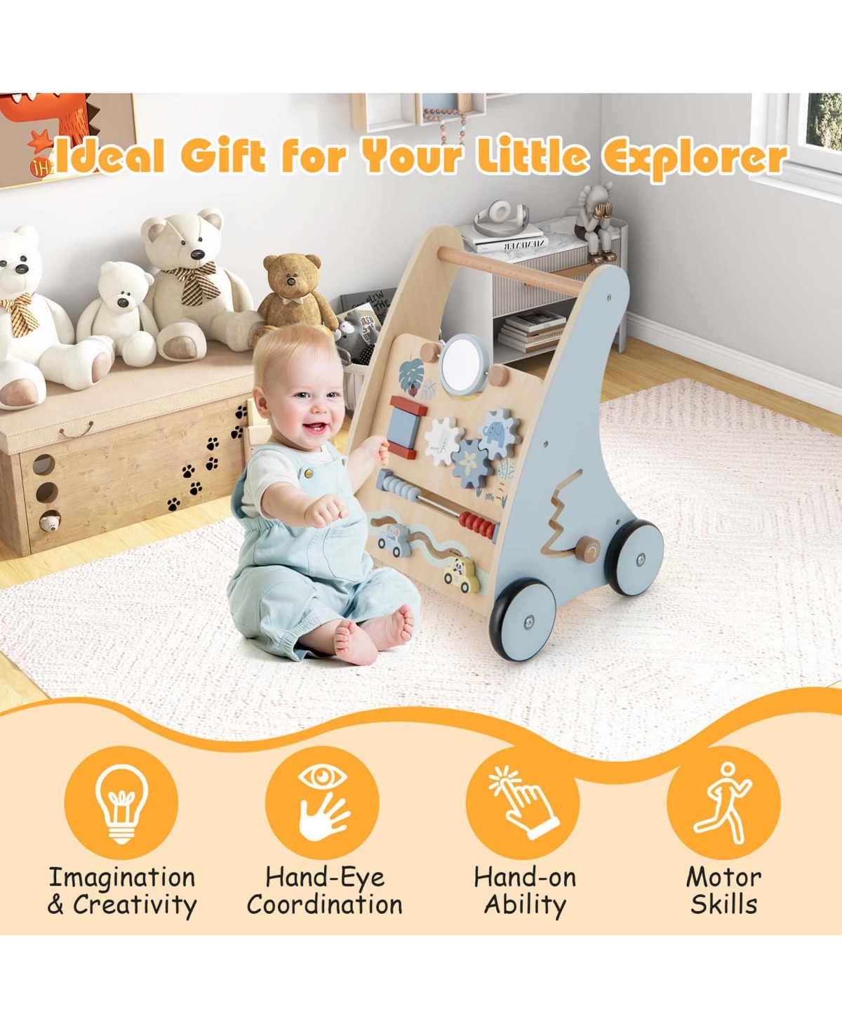 Costway Wooden Baby Walker Push & Pull Walker with Multi-Activity Learning Center