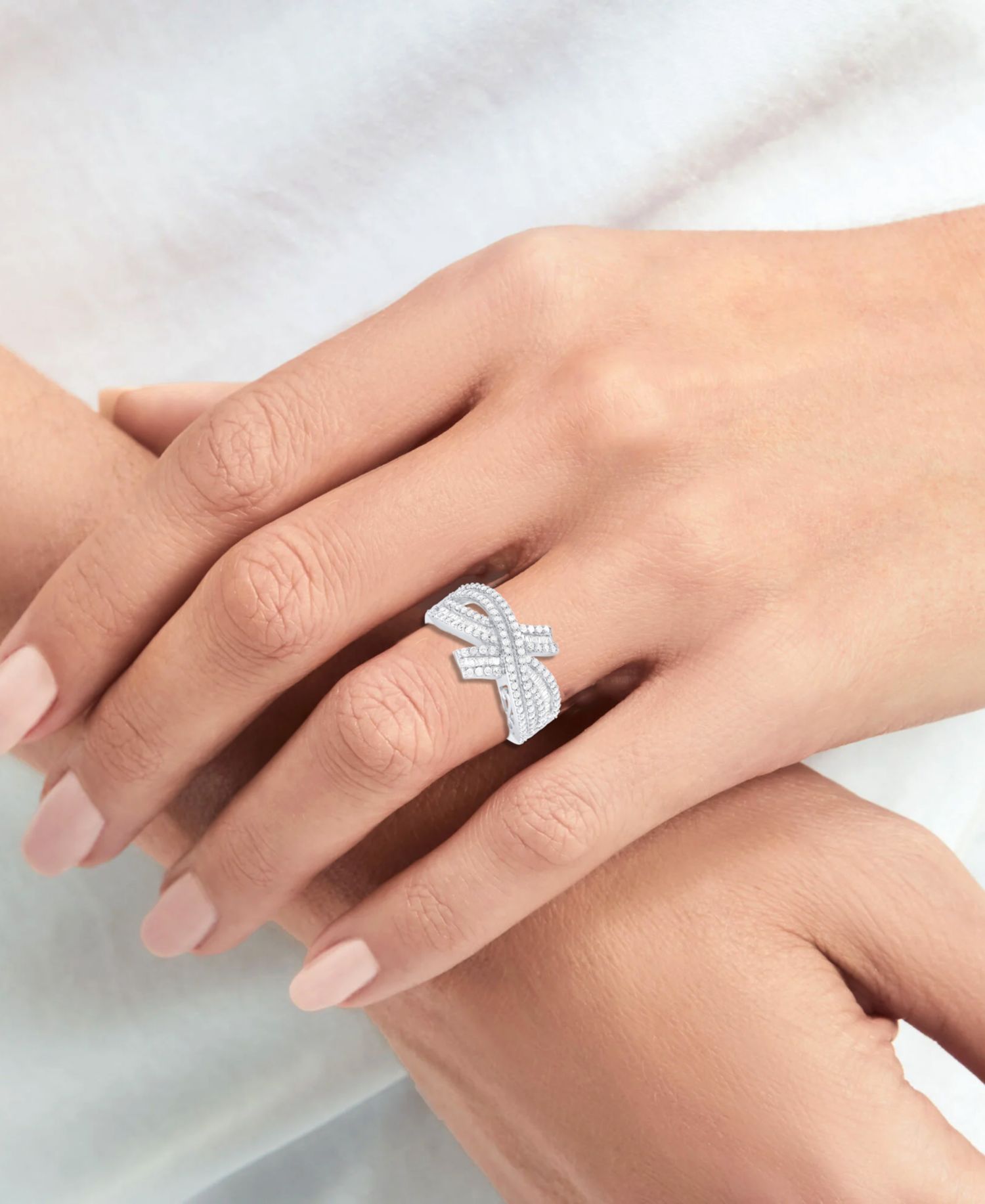 Diamond Round & Baguette Crossover Ring (3/4 ct. t.w.) in Sterling Silver