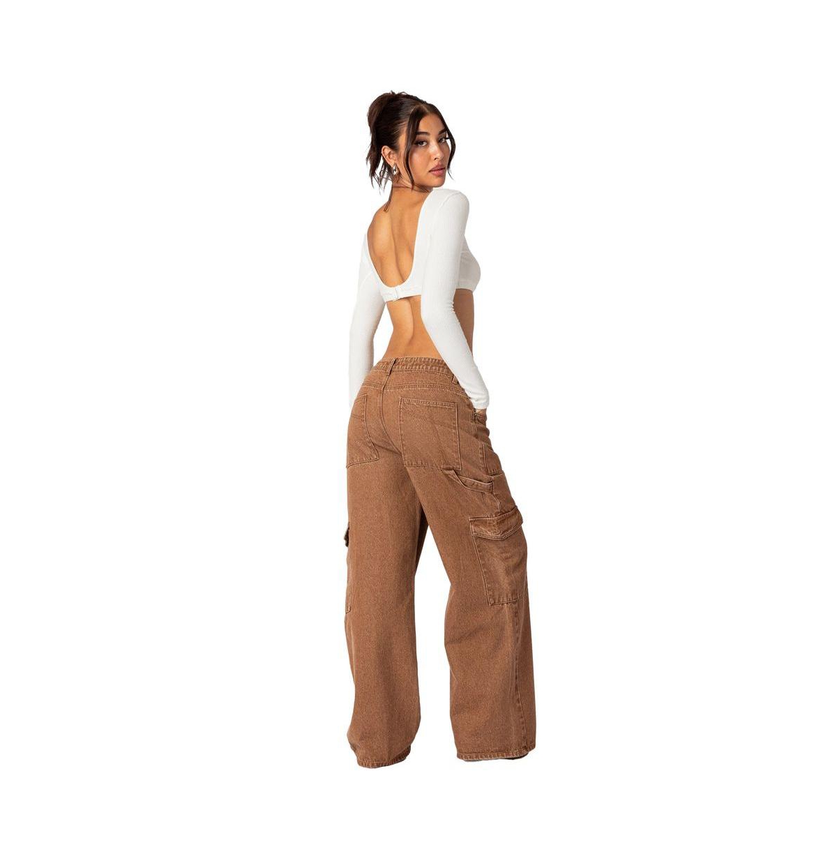 Edikted Women's Stone wash mid rise cargo pants - Brown-washed