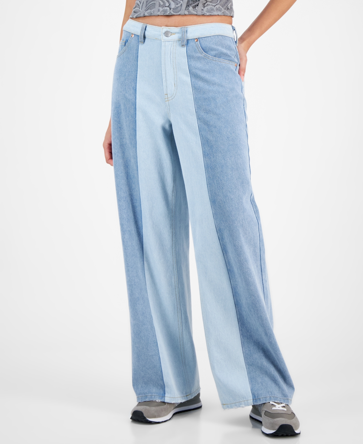 Juniors' High-Rise Wide-Leg Colorblocked Jeans - Med/light Colorblock